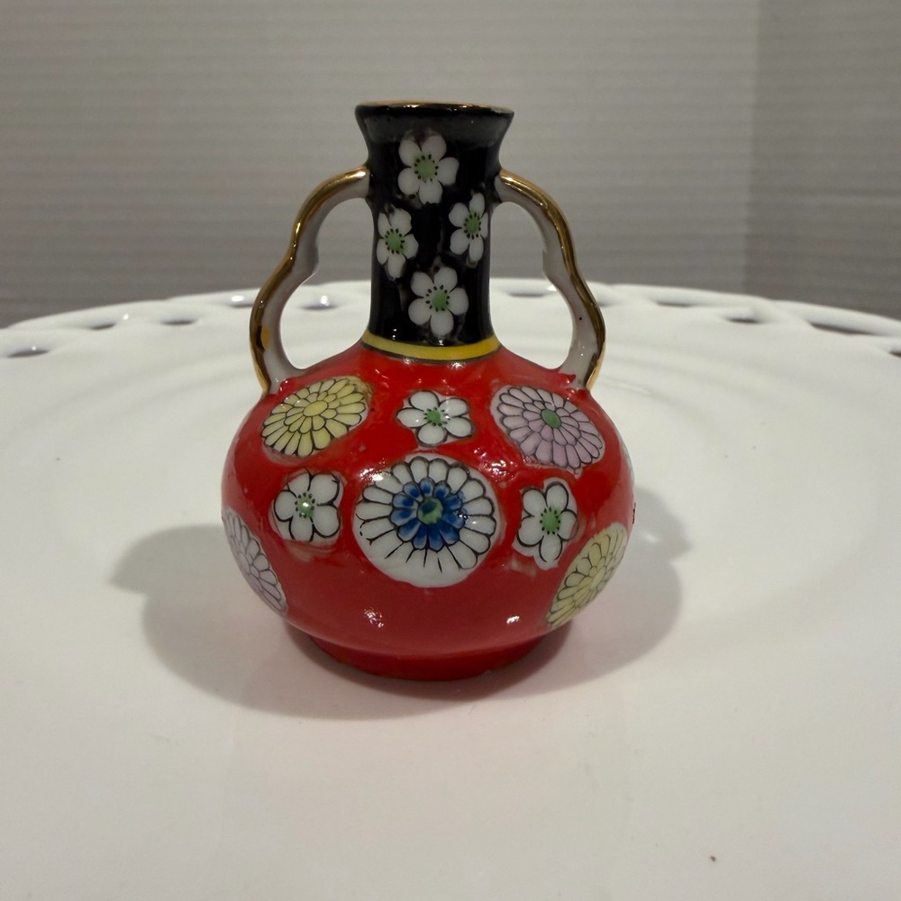 Vintage Victoria Japan hand painted Floral Red and Black Vase with Gold Accents
